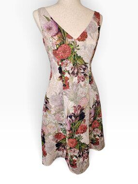 Adrianna Papell Pink Floral Metallic Jacquard Fit Flare Dress Size 4